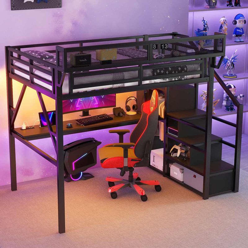 Lit mezzanine en métal avec bureau et station de charge Lit mezzanine avec lumière pour enfants adolescents, Black