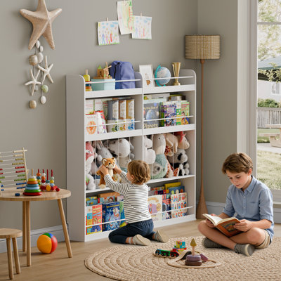 Étagère murale pour enfants de 120 cm de hauteur, rangement 2 en 1 pour jouets et peluches, bibliothèque ouverte pour chambre d'enfant, crèche ou salle de jeux, blanche