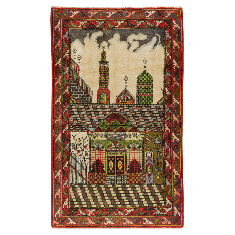 Tapis turc unique fait à la main à motif de prières rétro, motif mosquée