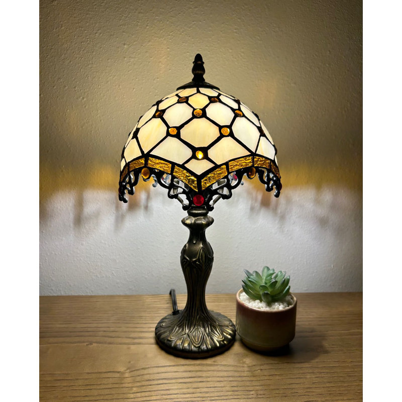 Ingigerth Tiffany Mini Table Lamp Beige Stained Glass LED Bulb Included 8"W*8"D*15"H