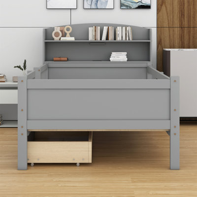 Wood Platform Bed With Built-In LED Light, Multi-Functional Headboard, Guardrail And 2 Drawers