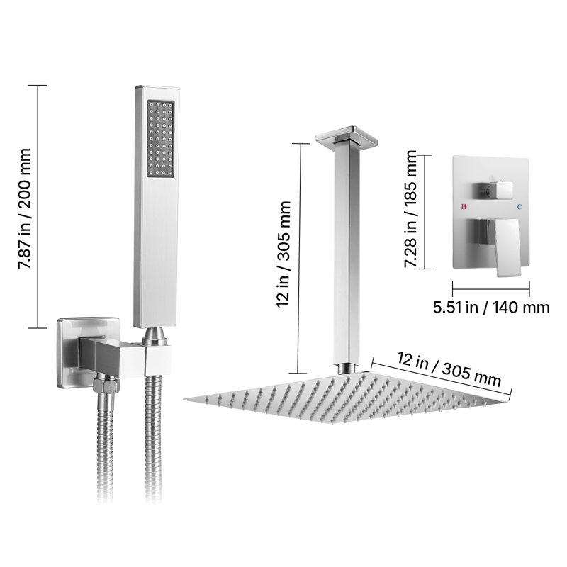 Ensemble de robinet de douche 12 po, pomme de douche carrée et nickel brossé à la main, Nickel brossé
