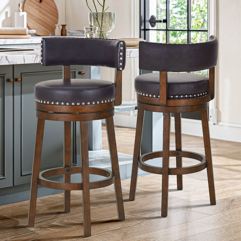 Tabouret de bar pivotant rembourré de 76 cm (30 po), tabouret d'îlot de cuisine pivotant à 360° avec siège et dossier rembourrés, structure en bois massif, repose-pieds et garniture cloutée.