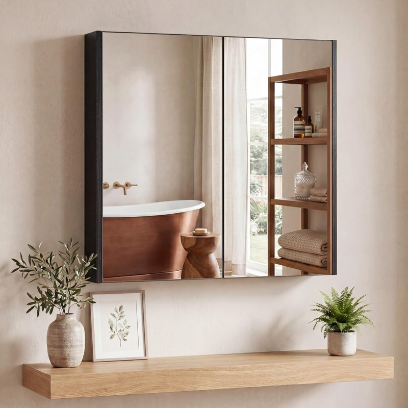 Medicine Cabinet with Mirror Double Door Wall Mounted Bathroom Cabinet Recessed or Surface Mount-Black