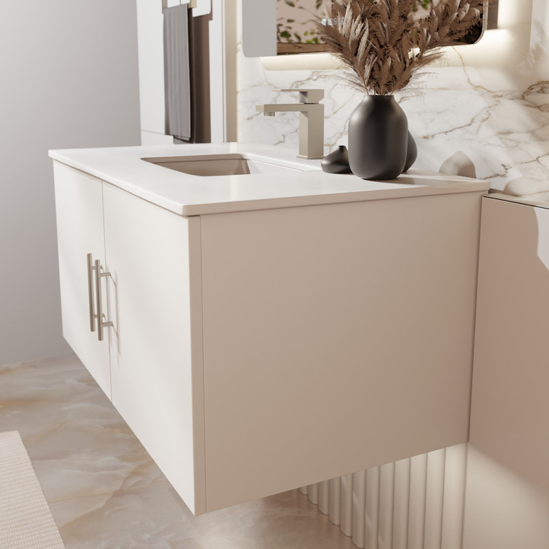 Meuble-lavabo simple 24 po avec plateau Geneva, Blanc lustré, Quartz blanc