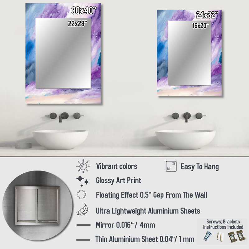 Violet Storm At The Horizon - Liquid Ink Large Wall Mirror, Modern Unique Mirror, Printed Metal Art, 40" x 30"