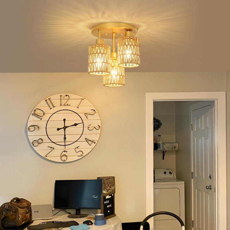 Luminaires bohémiens 3 lumières - Luminaire en rotin de ferme avec abat-jour en cage tissée, plafonniers semi-encastrés dorés pour chambre à coucher, cuisine, couloir