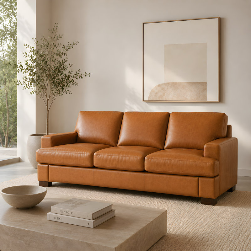 Oversized Genuine Leather Sofa, Deep Seated Couch with Plush Goose Feather Cushions, Square Arm Modern Sofa for Living Room & Lounge 