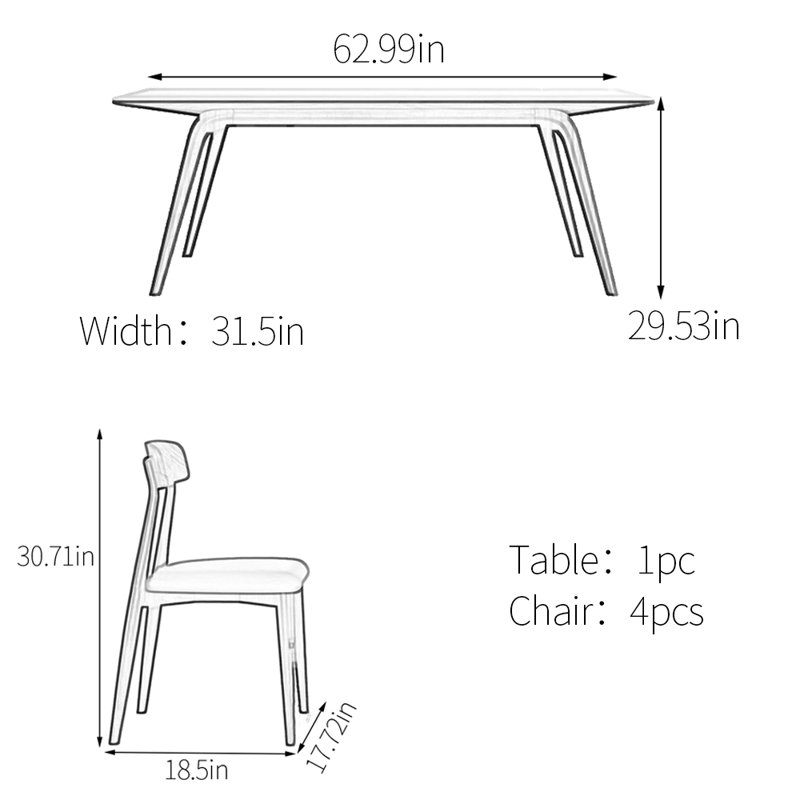 Ensemble de table de salle à manger en frêne, H 29,53 po x L 62,99 po x l 31,5 po