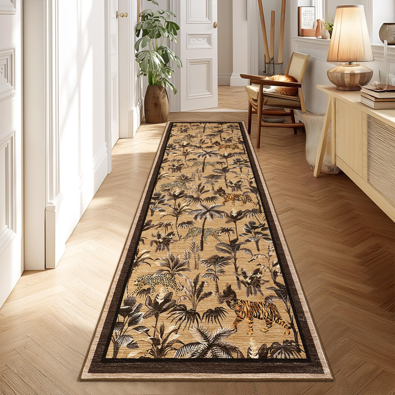 Tiger Area Rug for Living Room, Machine Washable Non-Slip Low Pile Rug, Botanical Jungle Animal Print Rug, Stain-Resistant Soft Foldable Floor Covering