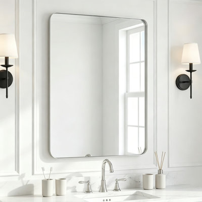 Framed Rectangular Bathroom Mirror With Brushed Nickel Finish, Shatter-Resistant Tempered Glass, Horizontal Or Vertical Mounting For Vanity And Wall Decor