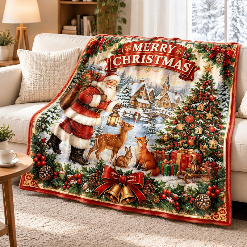 Couverture de Noël douillette, jeté en molleton motif Père Noël et scène hivernale, décoration festive pour canapé, lit et maison en toutes saisons