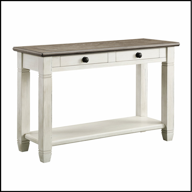 Table de canapé en bois Rosy Brown et blanc antique avec 2 tiroirs et une tablette inférieure pour un rangement élégant, Gris