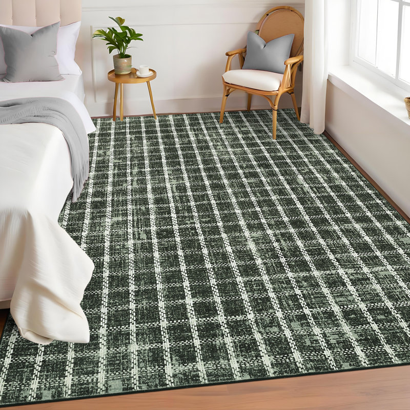Machine Washable Rug Modern Plaid Rug Soft Area Rug Non Slip Soft Thin Rug Low Pile Foldable Rug for Living Room, Bedroom, Dining Room