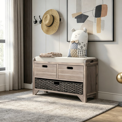 Banc de rangement avec panier amovible et 2 tiroirs, range-chaussures entièrement assemblé avec coussin