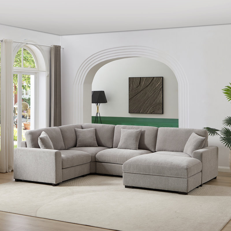 Canapé modulaire très grand avec repose-pieds Eugenja, 100% polyester gris clair, 36.2" H x 124.41" W x 86.61" D