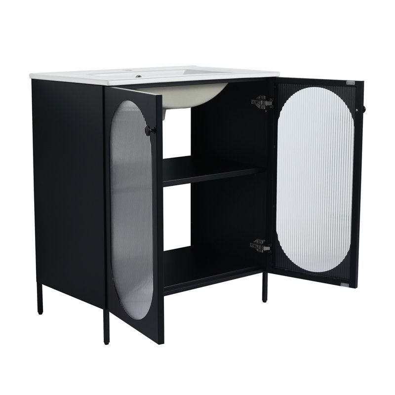 Meuble-lavabo autoportant avec lavabo en céramique, Noir