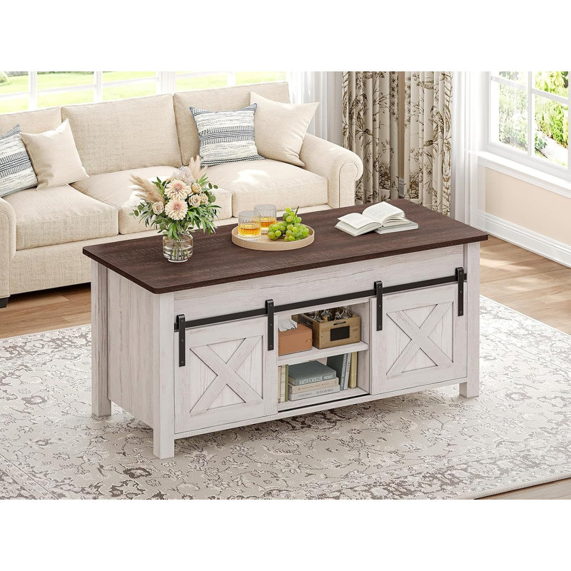 Table basse à plateau relevable avec rangement caché, table de salle à manger de ferme avec ressort à gaz et tablette ouverte pour le salon, blanc rétro