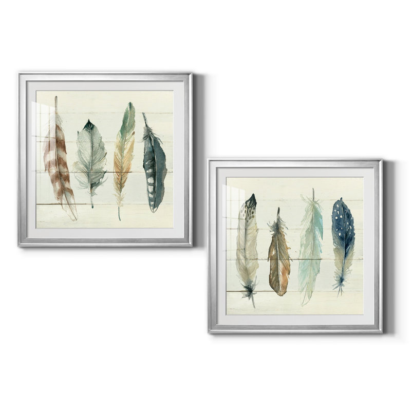 Shiplap Feathers I - Ensemble de 2 reproductions d'art, H 26,5 po x l 53 po x P 1,5 po, Toile encadrée argentée, Blanc