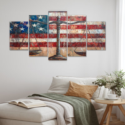 Symbolic Scales Of Justice Balance With USA Flag IV - USA Patriotist Wall Decor - Modern Wall Art 5 Piece