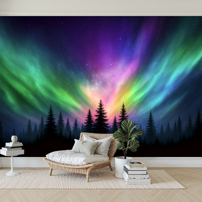Papier peint 3D aurores boréales multicolores Aurores boréales, forêt canadienne, papier peint auto-adhésif auto-adhésif pour chambre à coucher, salon, dortoir, décoration murale, armoire, autocollant