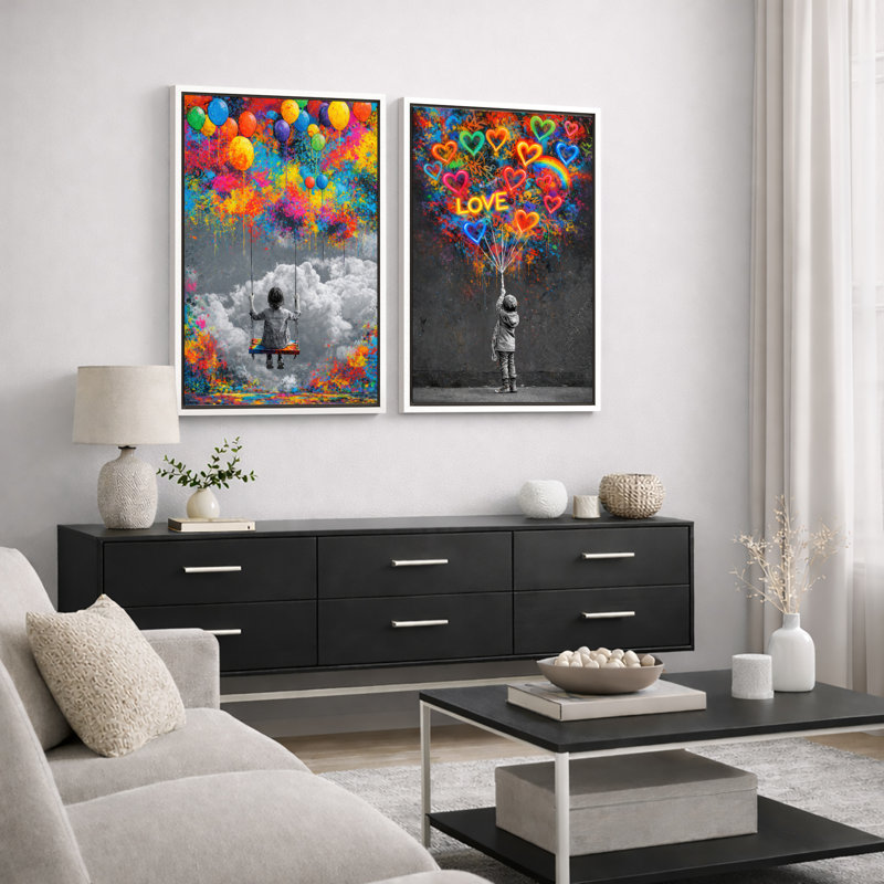 Art abstrait, fille avec ballons, impression sur toile encadrée, 2 pièces, Cadre blanc, H 36 po x l 48 po x P 1,5 po