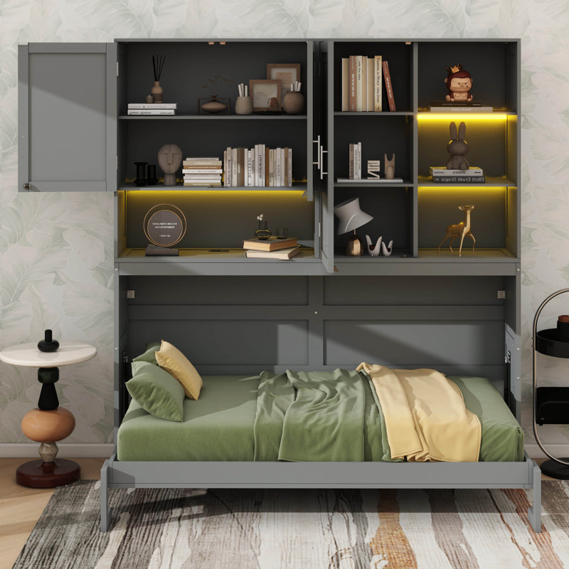 Lit escamotable simple de taille simple avec armoire et étagère, cadre de lit pliable multifonctionnel avec éclairage et ports USB