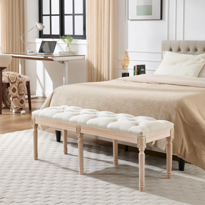 Banc de chambre à coucher, banc d'entrée touffeté de style français rétro, banc de bout sculpté de 47,2 po avec pieds en bois vieilli, repose-pieds en lin pour le salon, le vestibule, la salle à manger
