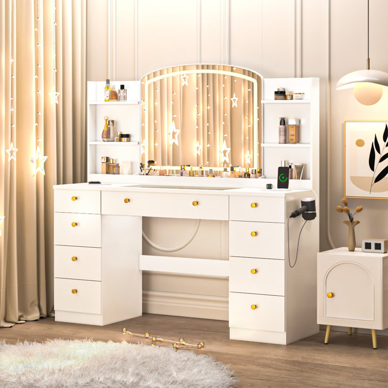 Coiffeuse 55 po avec miroir à DEL et tiroirs, Blanc