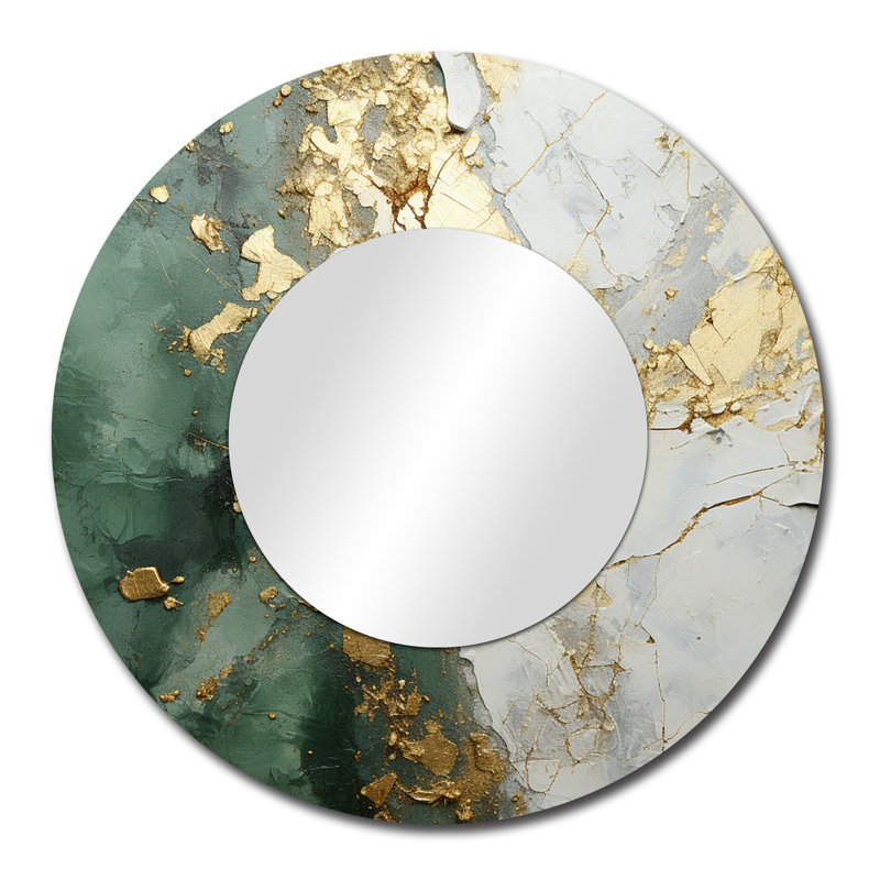 Seneka or et vert peinture fusion - peinture abstraite miroir décoratif, grand miroir mural rond beige, impression d'art en métal