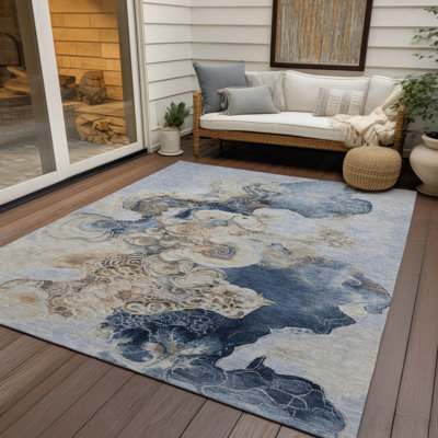 Machine Washable Indoor/Outdoor Xhevrie Denim Rug