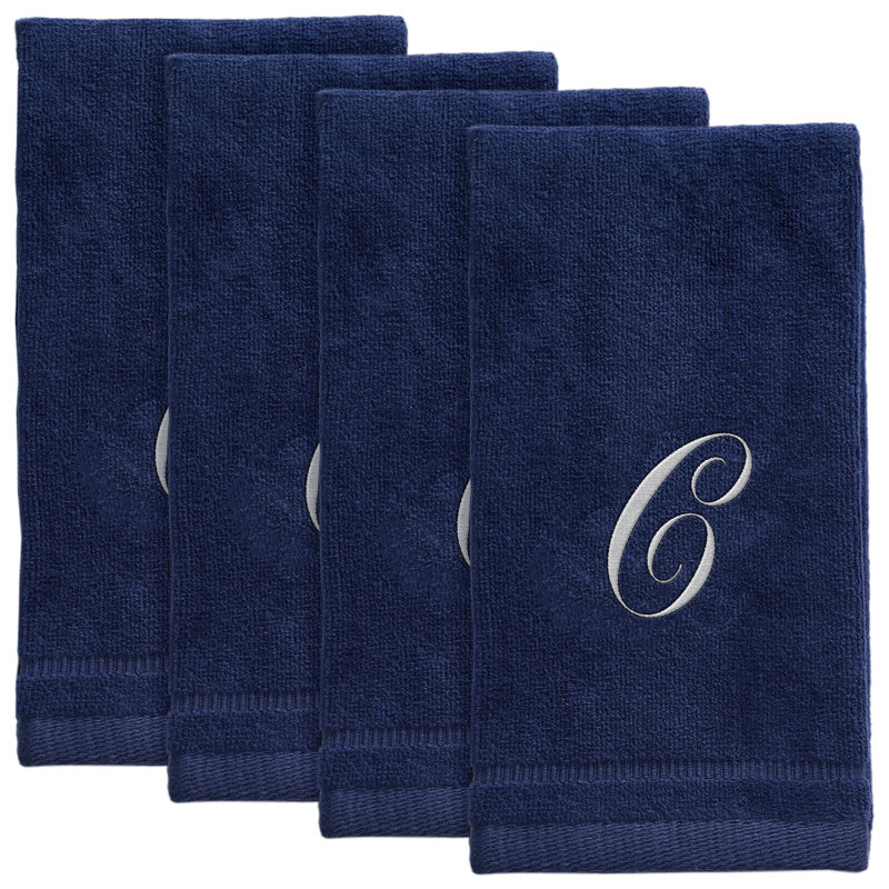 Set of 4 Navy Blue Monogrammed Towel - White Embroidered, C