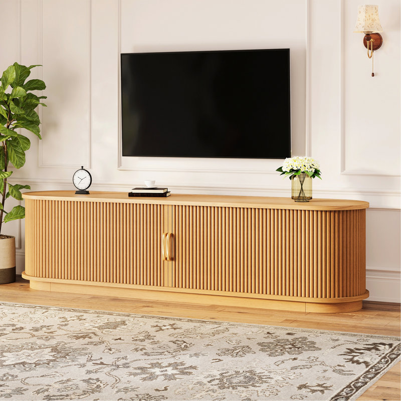 Rustic TV Stand With Sliding Wood Slatted Doors For Tvs Up To 75", Farmhouse Fluted TV Cabinet With Drawer And Cable Management For Living Room, Bedroom