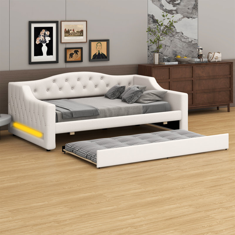 Upholstered Daybed With LED Belt And Trundle, Full XL, Beige
