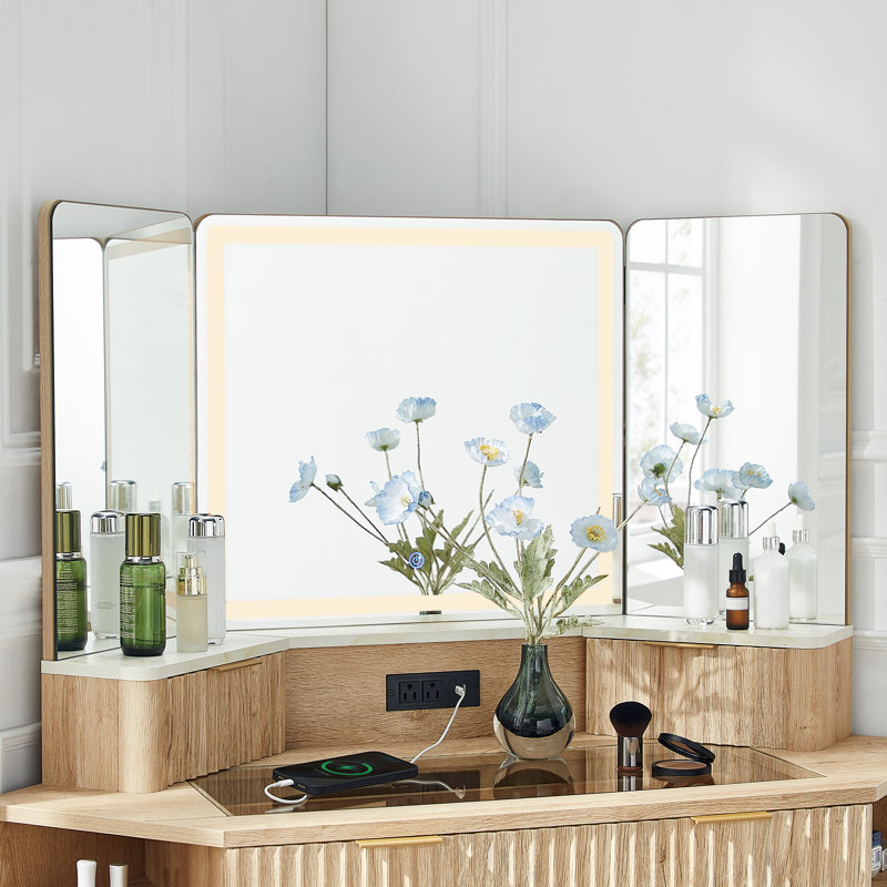 48'' Fluted Makeup Vanity Desk With Hd Triple Mirror And Lights,large Lighted Corner Vanity With Glass Top, Modern Dressing Table With Outlets