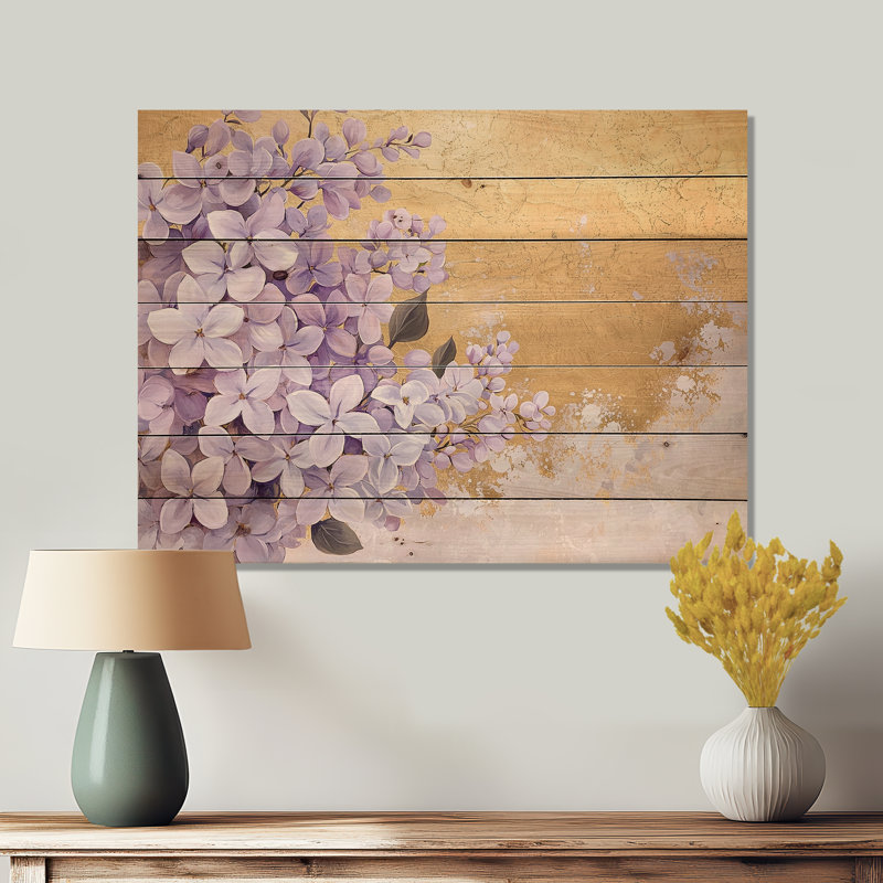 Lilas printemps harmonie dorée III - Art mural traditionnel en bois sur bois de pin naturel, H 10 po x l 20 po