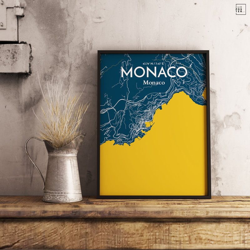 « monaco city map », reproduction d’impression sur affiche, H 20 po x l 16 po