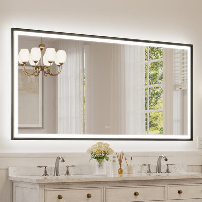 Modern Bathroom LED Mirror with Tempered Glass, Beveled Frame Vanity  Aluminum Frame Wall Mirror
