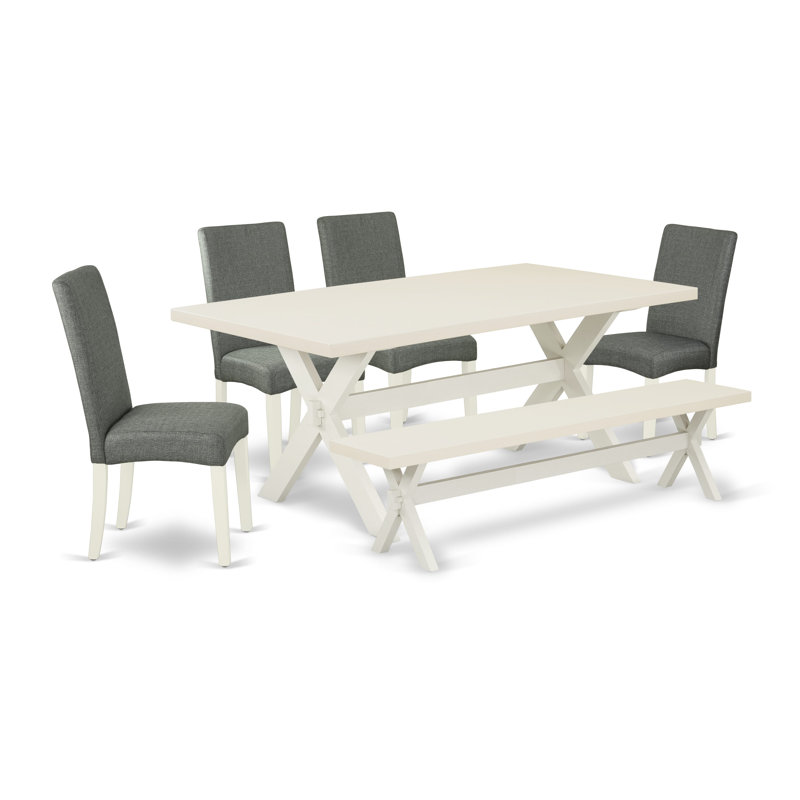 6-piece dining table set Grey Smoke Linen Fabric Seat and Stylish Chair Back Dining chairs, A Rectangular Bench, and Rectangular top dining table with Hardwood Legs - linen white