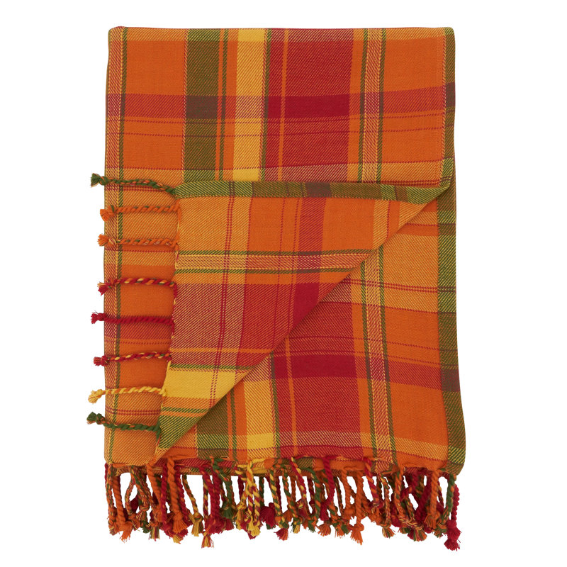 Terracotta Harvest Plaid Cotton Throw Blanket with Tassels