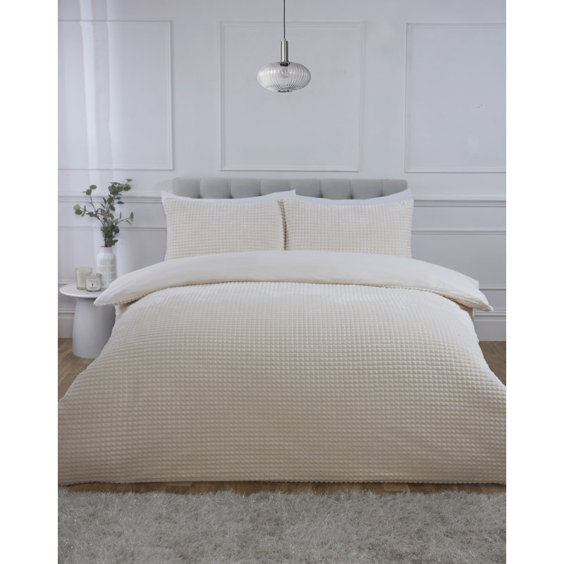 Luxury Waffle Teddy Fleece Polyester Solid Colour Duvet Cover Set with Pillowcases Included, Cream