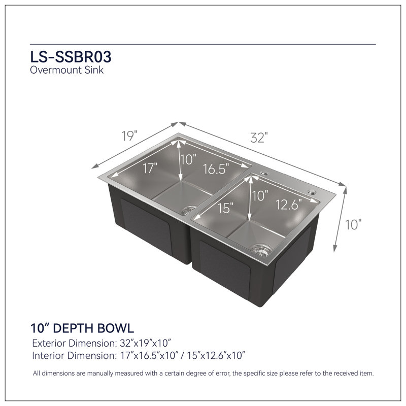 Évier de cuisine encastré à double cuve 32 po x 19 po x 10 po, équipé d'un évier à vaisselle en acier inoxydable satiné fait à la main S304 et d'un évier à légumes (évier seulement)