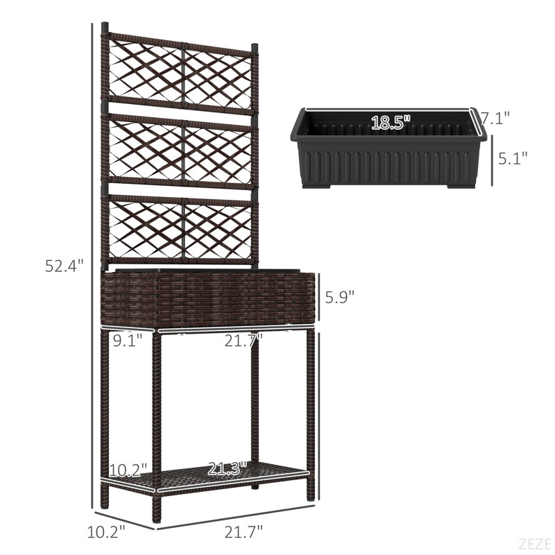 Spacious Freestanding Rattan Garden Box,Outdoor Wicker Planter With Trellis For Climbing Plants,With Storage Shelf, Brown