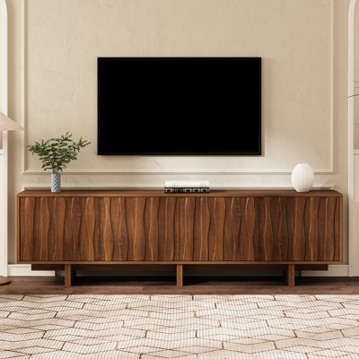 Meuble télé pour téléviseur de 75 pouces, grain de bois rétro, accessoires et supports de jeux vidéo, trous de gestion des câbles, noyer, portes pour ouvrir les portes