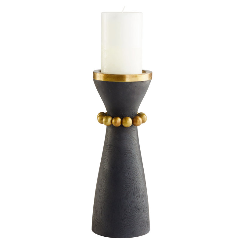 Parvati Wood Tabletop Candlestick, 14" H x 5.5" W x 5.5" D, Rubbed Black/Antique Brass