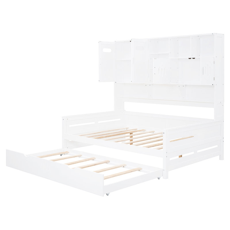 Lit de jour double en bois avec lit gigogne simple, tablette - armoire moderne et taille Design, blanc, Lit double, Blanc