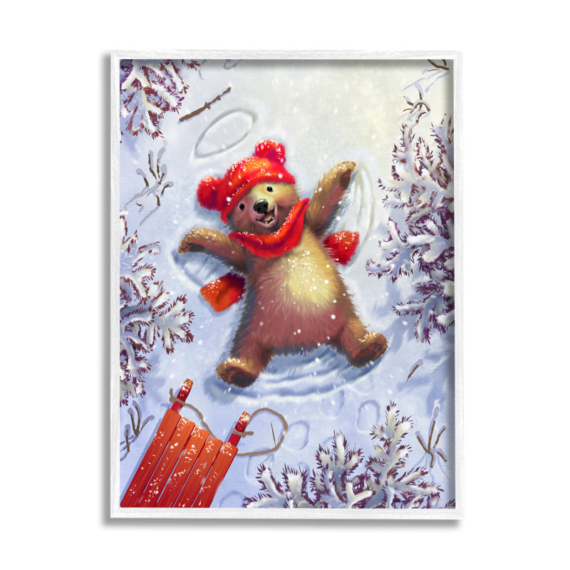 Traîneau Bear Cub Snow Angel par Pip Wilson, H 20 po x l 16 po, Estampe numérique encadrée blanc bord de mer