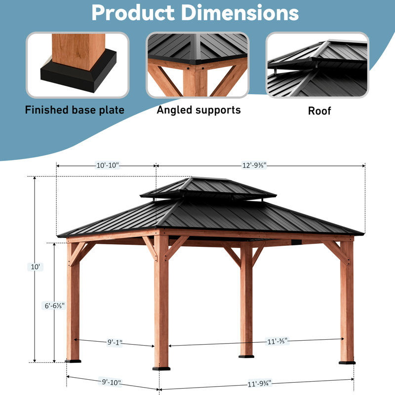 Pavillon de jardin en bois de cèdre de qualité supérieure 11 pi x 13 pi en bois de cèdre avec moustiquaire et rideaux, pavillon à toit rigide en acier galvanisé à 2 niveaux