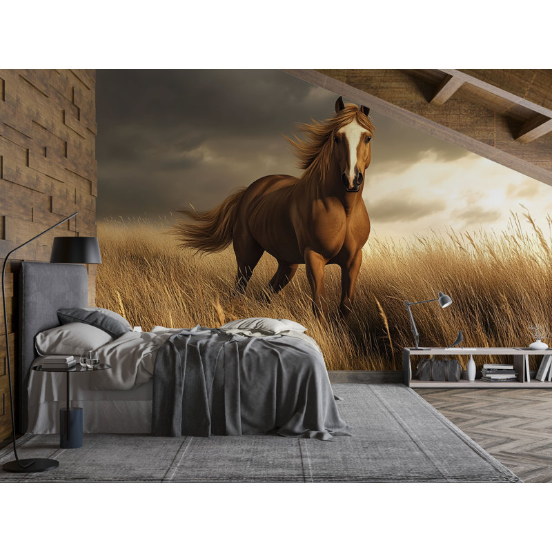 Wild Horse Wall Mural – Realistic Running Horse In Golden Field Wallpaper For Nursery Or Bedroom, L 145 po x l 100 po