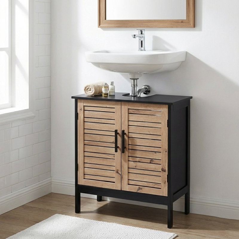 Armoire sous l'évier avec découpe en U, portes à double évent, noir et brun - Collection Bergen